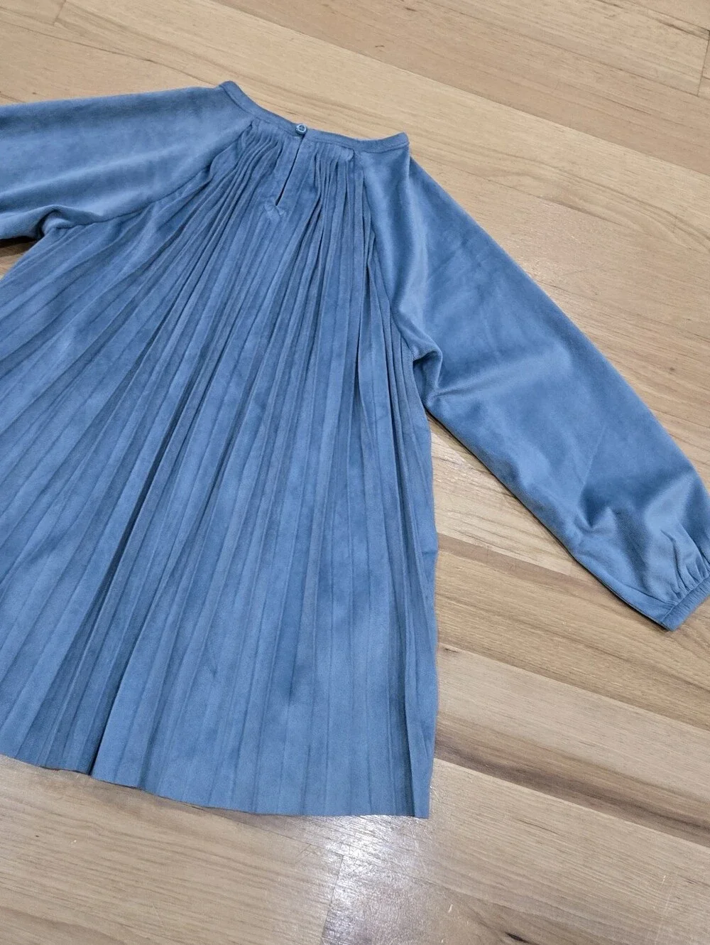 Hanna Andersson Faux Suede Long Sleeve Glacier Blue Pleated Dress
